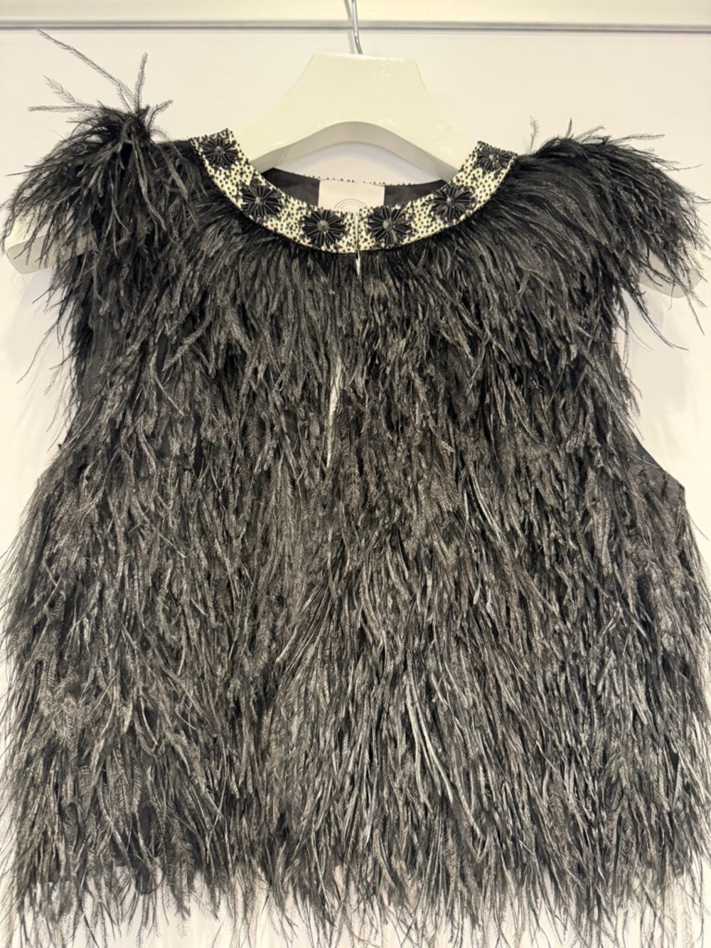Ostrich Feather Vest with Embellished Collar - Black size L